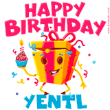 A vibrant and funny gift box character with a happy face dancing with a cupcake and the text 'Happy Birthday Yentl,' surrounded by animated confetti and party vibes.