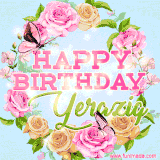 A charming animated GIF featuring 'Happy Birthday Yerazig' in pink and green text, surrounded by delicate roses, leaves, and fluttering butterflies on a soft light blue pastel background.