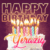 A colorful birthday cake topped with lit candles, with the words 'Happy Birthday Yerazig' in bold glowing letters on a burgundy background. Animated flames add a festive touch.