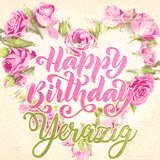 A stunning heart made of pink roses surrounds the elegant script text 'Happy Birthday Yerazig' on a soft beige background. Animated sparkles add a magical and festive feel.