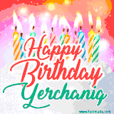 Bright birthday candles with rainbow flames on a cake, alongside the text 'Happy Birthday Yerchanig' in vibrant script in this celebratory animated GIF.