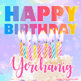 A vibrant animated name GIF with the words 'Happy Birthday Yerchanig' with colorful candles on a creamy cake. The background sparkles with pastel shades, adding a festive touch.