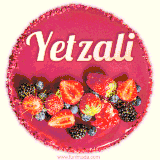 Beautifully decorated red velvet berry birthday cake with vibrant fruits and a glowing 'Yetzali' name, adding a touch of sweetness and sparkle.