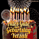 A chocolate birthday cake with glowing candles, the German text 'Alles Gute zum Geburtstag Yetzali,' and vibrant fireworks lighting up the background in an animated GIF.