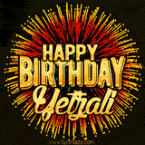 Golden 'Happy Birthday Yetzali' text accompanied by animated rainbow fireworks for a festive animated greeting.