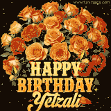 Animated bouquet of orange roses with moving butterfles and golden 'Happy Birthday Yetzali' text, surrounded by sparkling accents and a dark backdrop for a luxurious feel.