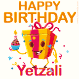 A vibrant and funny gift box character with a happy face dancing with a cupcake and the text 'Happy Birthday Yetzali,' surrounded by animated confetti and party vibes.