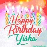Bright birthday candles with rainbow flames on a cake, alongside the text 'Happy Birthday Yiska' in vibrant script in this celebratory animated GIF.