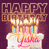 A colorful birthday cake topped with lit candles, with the words 'Happy Birthday Yiska' in bold glowing letters on a burgundy background. Animated flames add a festive touch.