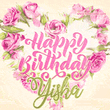 A stunning heart made of pink roses surrounds the elegant script text 'Happy Birthday Yiska' on a soft beige background. Animated sparkles add a magical and festive feel.