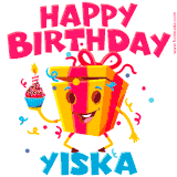 A vibrant and funny gift box character with a happy face dancing with a cupcake and the text 'Happy Birthday Yiska,' surrounded by animated confetti and party vibes.