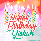Bright birthday candles with rainbow flames on a cake, alongside the text 'Happy Birthday Yiskah' in vibrant script in this celebratory animated GIF.