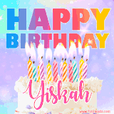 A vibrant animated name GIF with the words 'Happy Birthday Yiskah' with colorful candles on a creamy cake. The background sparkles with pastel shades, adding a festive touch.