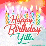 Bright birthday candles with rainbow flames on a cake, alongside the text 'Happy Birthday Yitta' in vibrant script in this celebratory animated GIF.