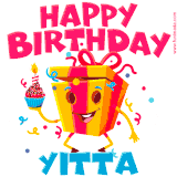 A vibrant and funny gift box character with a happy face dancing with a cupcake and the text 'Happy Birthday Yitta,' surrounded by animated confetti and party vibes.