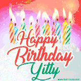 Bright birthday candles with rainbow flames on a cake, alongside the text 'Happy Birthday Yitty' in vibrant script in this celebratory animated GIF.
