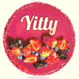 Beautifully decorated red velvet berry birthday cake with vibrant fruits and a glowing 'Yitty' name, adding a touch of sweetness and sparkle.