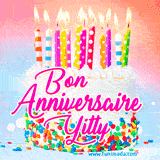A white birthday cake covered in colorful sprinkles, topped with bright candles, and French text 'Bon Anniversaire Yitty' on a pastel gradient background in an animated GIF.