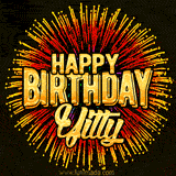 Golden 'Happy Birthday Yitty' text accompanied by animated rainbow fireworks for a festive animated greeting.