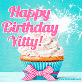 A festive cupcake with pink icing, a gingham bow, and a lit animated sparkler, paired with 'Happy Birthday Yitty!' in bright pink text.