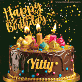 A delightful chocolate birthday cake with bright candles and 'Happy Birthday Yitty' written in gold amidst a shower of animated stars.