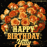 Animated bouquet of orange roses with moving butterfles and golden 'Happy Birthday Yitty' text, surrounded by sparkling accents and a dark backdrop for a luxurious feel.