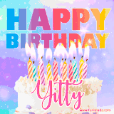 A vibrant animated name GIF with the words 'Happy Birthday Yitty' with colorful candles on a creamy cake. The background sparkles with pastel shades, adding a festive touch.