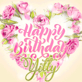 A stunning heart made of pink roses surrounds the elegant script text 'Happy Birthday Yitty' on a soft beige background. Animated sparkles add a magical and festive feel.