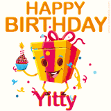 A vibrant and funny gift box character with a happy face dancing with a cupcake and the text 'Happy Birthday Yitty,' surrounded by animated confetti and party vibes.
