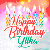 Bright birthday candles with rainbow flames on a cake, alongside the text 'Happy Birthday Yllka' in vibrant script in this celebratory animated GIF.