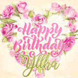 A stunning heart made of pink roses surrounds the elegant script text 'Happy Birthday Yllka' on a soft beige background. Animated sparkles add a magical and festive feel.