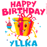 A vibrant and funny gift box character with a happy face dancing with a cupcake and the text 'Happy Birthday Yllka,' surrounded by animated confetti and party vibes.