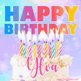 A vibrant animated name GIF with the words 'Happy Birthday Ylva' with colorful candles on a creamy cake. The background sparkles with pastel shades, adding a festive touch.