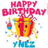 A vibrant and funny gift box character with a happy face dancing with a cupcake and the text 'Happy Birthday Ynez,' surrounded by animated confetti and party vibes.