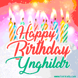 Bright birthday candles with rainbow flames on a cake, alongside the text 'Happy Birthday Ynghildr' in vibrant script in this celebratory animated GIF.
