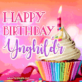 A vibrant birthday GIF featuring a rainbow-colored cupcake topped with white frosting, sprinkles, and a lit candle. The text reads 'Happy Birthday Ynghildr' in bold pink and violet letters with white outline.