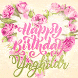 A stunning heart made of pink roses surrounds the elegant script text 'Happy Birthday Ynghildr' on a soft beige background. Animated sparkles add a magical and festive feel.