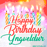 Bright birthday candles with rainbow flames on a cake, alongside the text 'Happy Birthday Yngveldur' in vibrant script in this celebratory animated GIF.
