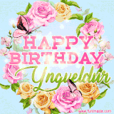 A charming animated GIF featuring 'Happy Birthday Yngveldur' in pink and green text, surrounded by delicate roses, leaves, and fluttering butterflies on a soft light blue pastel background.
