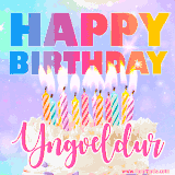 A vibrant animated name GIF with the words 'Happy Birthday Yngveldur' with colorful candles on a creamy cake. The background sparkles with pastel shades, adding a festive touch.