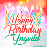 Bright birthday candles with rainbow flames on a cake, alongside the text 'Happy Birthday Yngvild' in vibrant script in this celebratory animated GIF.
