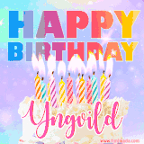 A vibrant animated name GIF with the words 'Happy Birthday Yngvild' with colorful candles on a creamy cake. The background sparkles with pastel shades, adding a festive touch.