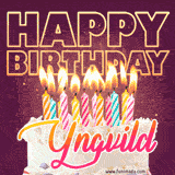 A colorful birthday cake topped with lit candles, with the words 'Happy Birthday Yngvild' in bold glowing letters on a burgundy background. Animated flames add a festive touch.