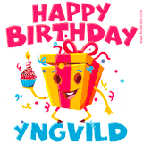 A vibrant and funny gift box character with a happy face dancing with a cupcake and the text 'Happy Birthday Yngvild,' surrounded by animated confetti and party vibes.