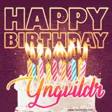 A colorful birthday cake topped with lit candles, with the words 'Happy Birthday Yngvildr' in bold glowing letters on a burgundy background. Animated flames add a festive touch.