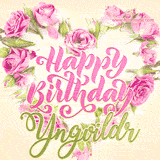 A stunning heart made of pink roses surrounds the elegant script text 'Happy Birthday Yngvildr' on a soft beige background. Animated sparkles add a magical and festive feel.