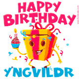 A vibrant and funny gift box character with a happy face dancing with a cupcake and the text 'Happy Birthday Yngvildr,' surrounded by animated confetti and party vibes.