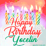 Bright birthday candles with rainbow flames on a cake, alongside the text 'Happy Birthday Yocelin' in vibrant script in this celebratory animated GIF.