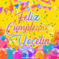 A bright and festive GIF with the text 'Feliz Cumpleaños Yocelin' in Spanish in colorful fonts, surrounded by confetti, balloons, and festive banners on a vibrant yellow background.