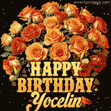 Animated bouquet of orange roses with moving butterfles and golden 'Happy Birthday Yocelin' text, surrounded by sparkling accents and a dark backdrop for a luxurious feel.